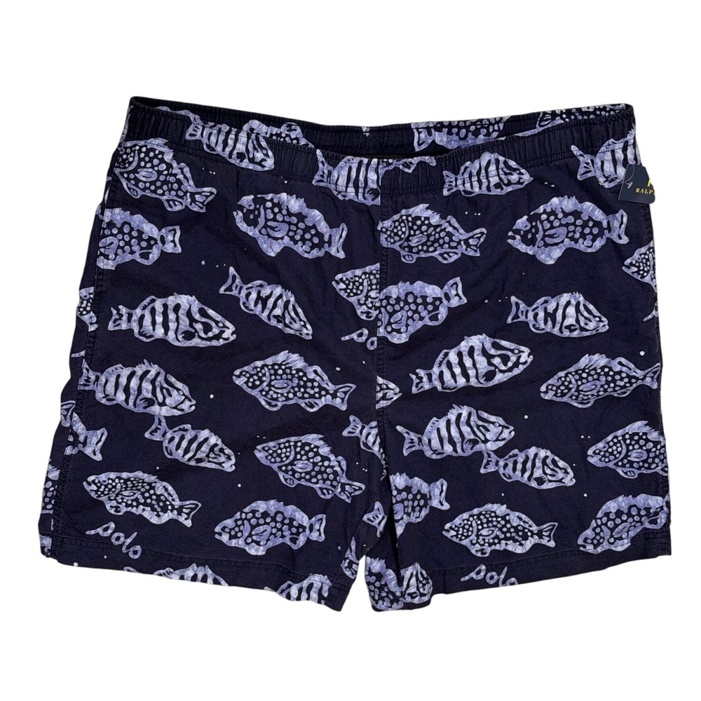 Polo Sport Swim Trunks Mens XXL Navy Fish Print Mesh Lined Cotton NWT